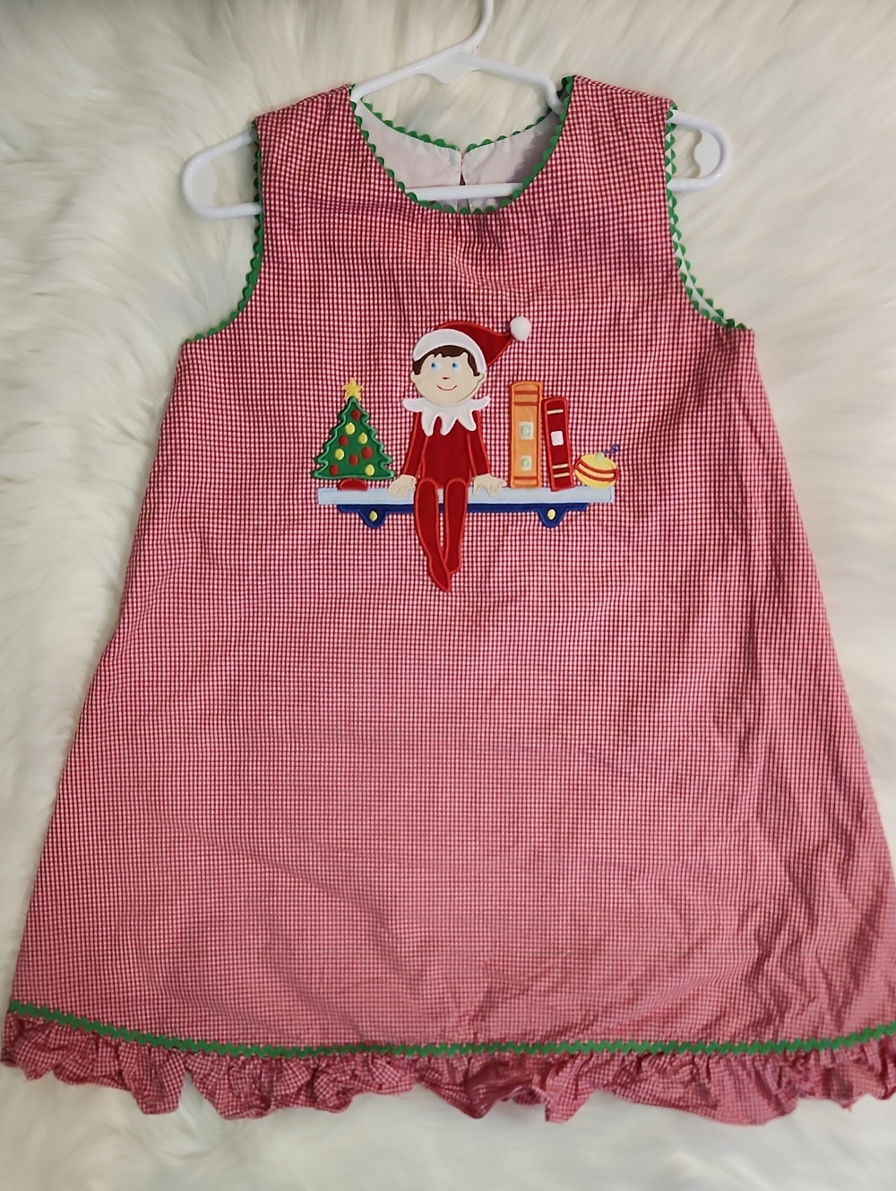 Sleeveless Red Gingham Holiday Dress with Elf Applique - Girls Size 5
